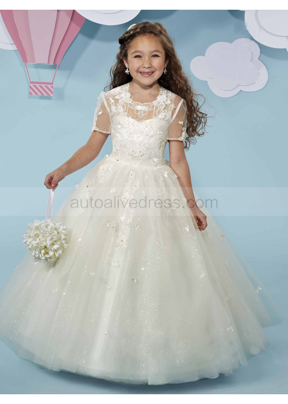 Beaded Ivory Lace Tulle V Back Flower Girl Dress With Cape